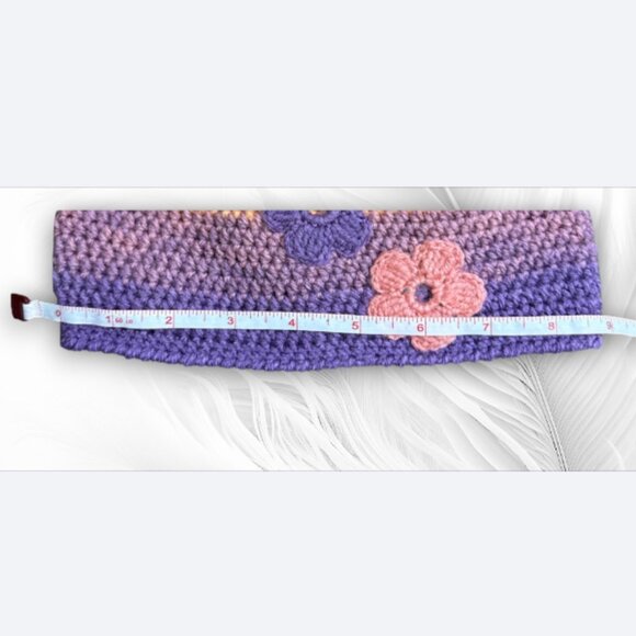 Handmade Crochet Beanie with Pom Pom and Floral Appliques — Purple Orange Ombre - Picture 7 of 7